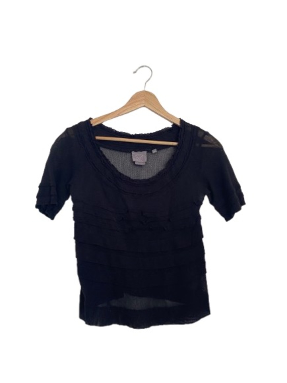 VANESSA VIRGINIA Anthropologie Black Ruffle Layered Knit Top XS Boho Chic